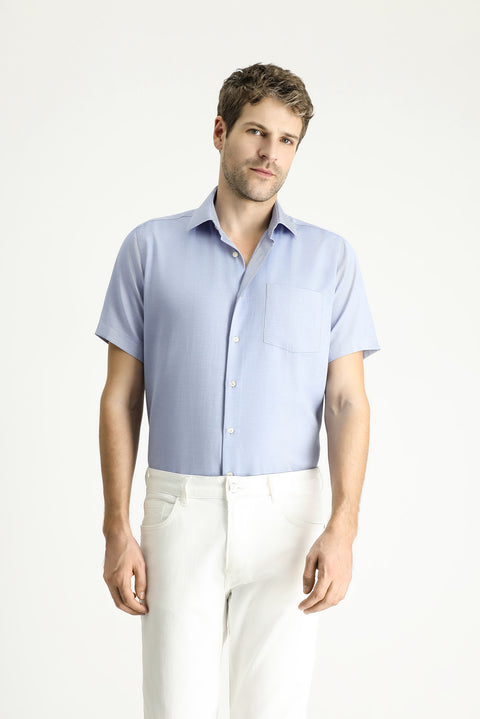 Koyu Mavi  Kısa Kol Regular Fit Desenli Pamuklu Kolay Ütülenebilir Gömlek