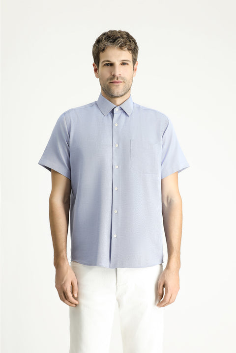 Koyu Mavi  Kısa Kol Regular Fit Desenli Pamuklu Kolay Ütülenebilir Gömlek
