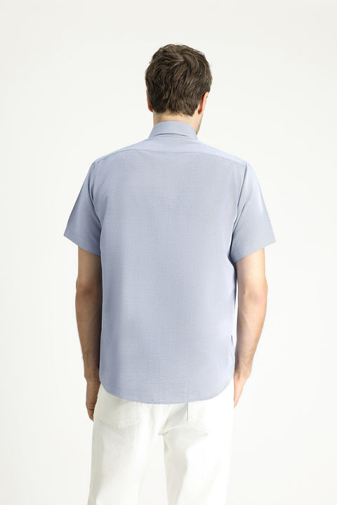 Koyu Mavi  Kısa Kol Regular Fit Desenli Pamuklu Kolay Ütülenebilir Gömlek