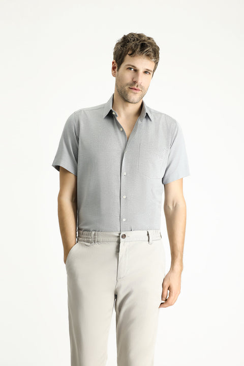 Orta Antrasit Kısa Kol Regular Fit Desenli Pamuklu Kolay Ütülenebilir Gömlek
