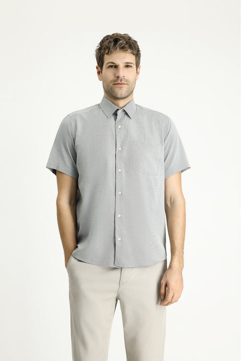 Orta Antrasit Kısa Kol Regular Fit Desenli Pamuklu Kolay Ütülenebilir Gömlek