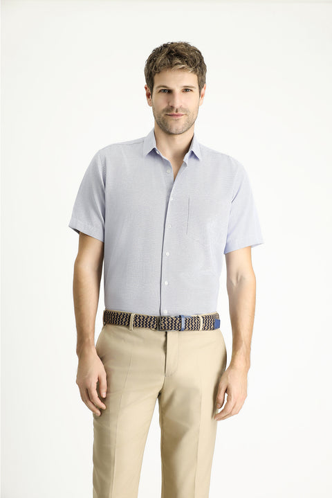 Light Navy Short Sleeve Regular Fit Patterned Cotton Easy-Iron Shirt
