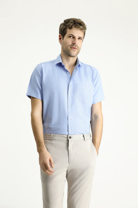 Blue Short-Sleeve Regular Fit Patterned Cotton Easy-Iron Shirt