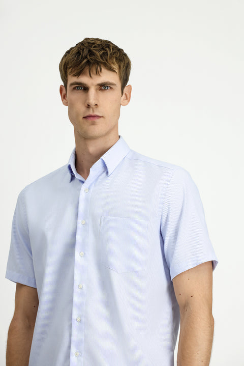 Açık Mavi Kısa Kol Regular Fit Non Iron Pamuklu Desenli Gömlek