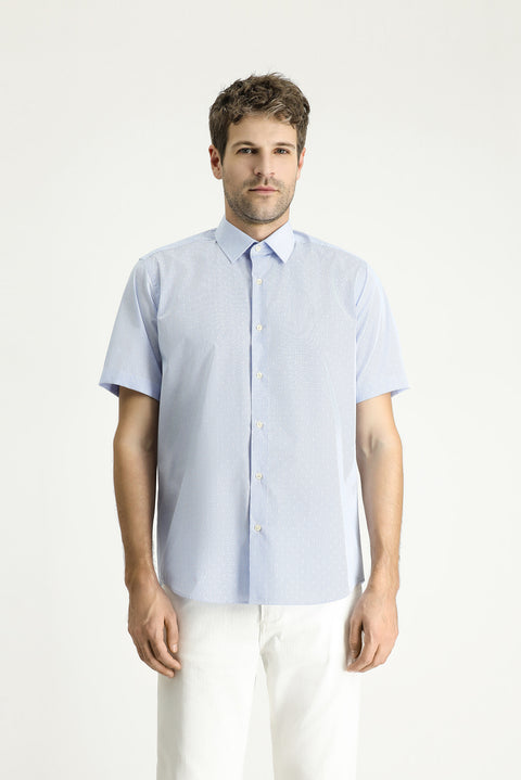Açık Mavi Kısa Kol Regular Fit Desenli Pamuklu Kolay Ütülenebilir Gömlek