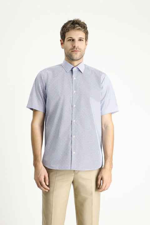 Koyu Mavi  Kısa Kol Regular Fit Desenli Pamuklu Kolay Ütülenebilir Gömlek