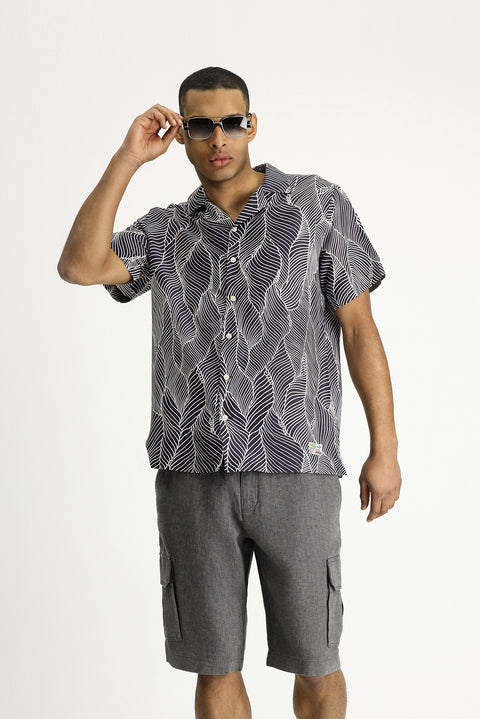 Orta Lacivert Kısa Kol Regular Fit Desenli Gömlek