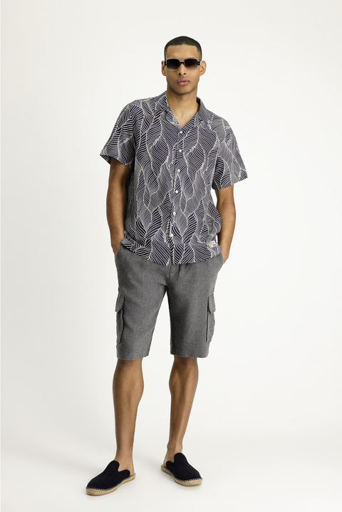 Orta Lacivert Kısa Kol Regular Fit Desenli Gömlek