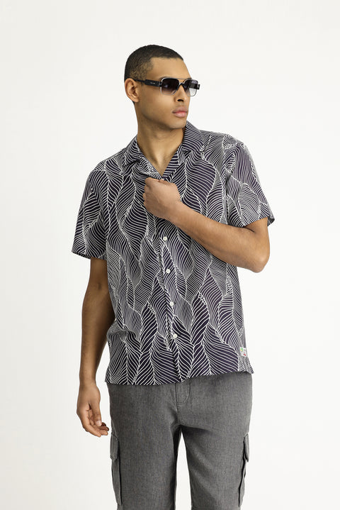 Orta Lacivert Kısa Kol Regular Fit Desenli Gömlek