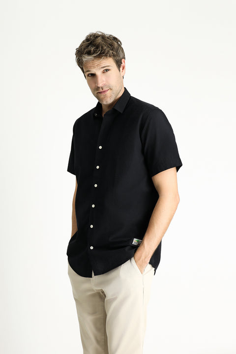 Black Short Sleeve Regular Fit Patterned Waffle Cotton Shirt