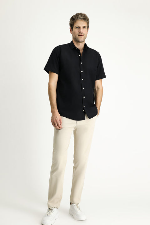Siyah Kısa Kol Regular Fit Desenli Gofre Pamuk Gömlek