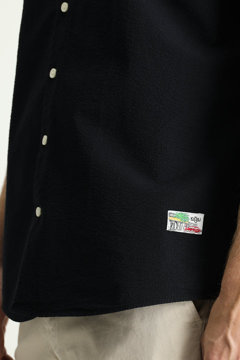 Siyah Kısa Kol Regular Fit Desenli Gofre Pamuk Gömlek