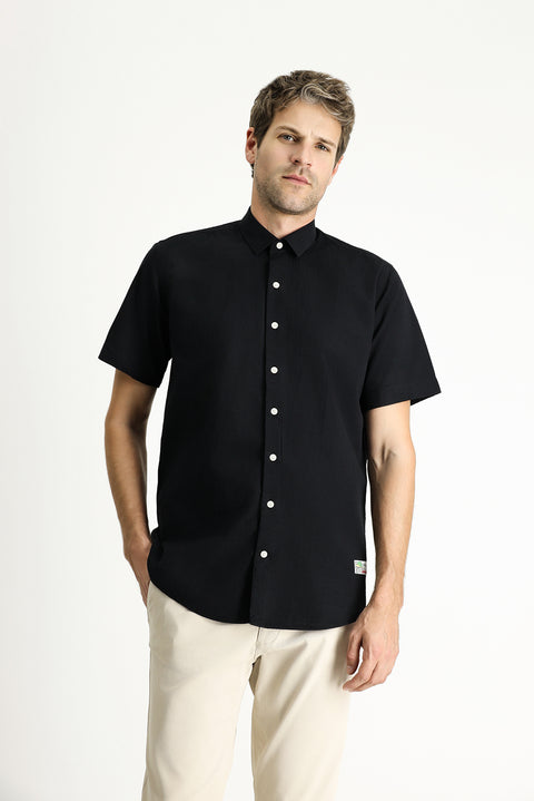 Siyah Kısa Kol Regular Fit Desenli Gofre Pamuk Gömlek