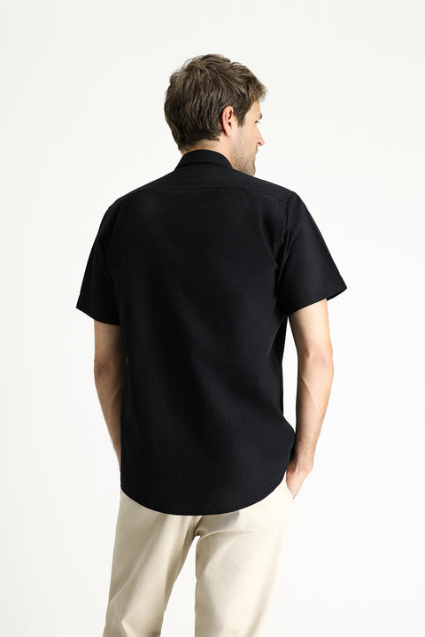 Siyah Kısa Kol Regular Fit Desenli Gofre Pamuk Gömlek