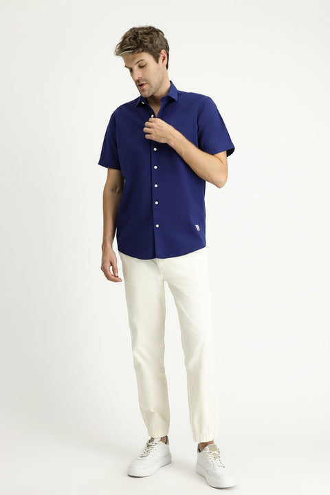 Dark Navy Short Sleeve Regular Fit Patterned Waffle Cotton Shirt
