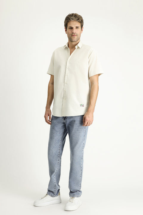 Taş Kısa Kol Regular Fit Desenli Gofre Pamuk Gömlek