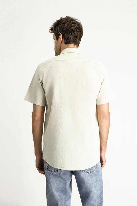 Taş Kısa Kol Regular Fit Desenli Gofre Pamuk Gömlek