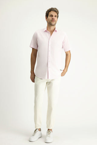  Toz Pembe Kısa Kol Regular Fit Desenli Gofre Pamuk Gömlek