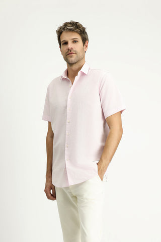  Toz Pembe Kısa Kol Regular Fit Desenli Gofre Pamuk Gömlek