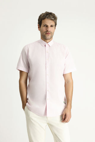  Toz Pembe Kısa Kol Regular Fit Desenli Gofre Pamuk Gömlek