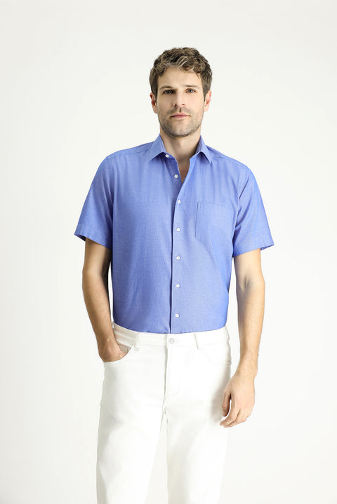 Koyu Mavi  Kısa Kol Regular Fit Desenli Pamuk Gömlek