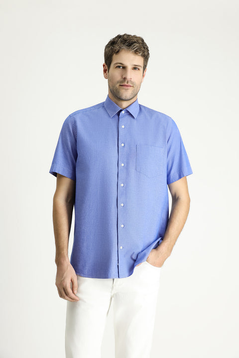 Koyu Mavi  Kısa Kol Regular Fit Desenli Pamuk Gömlek