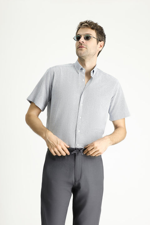 Light Navy Short Sleeve Regular Fit Patterned Cotton Button-Down Collar Shirt