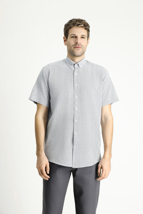 Light Navy Short Sleeve Regular Fit Patterned Cotton Button-Down Collar Shirt