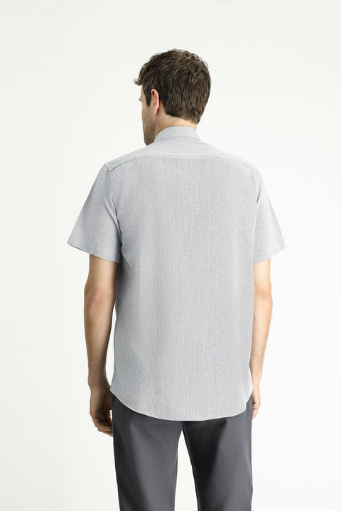 Light Navy Short Sleeve Regular Fit Patterned Cotton Button-Down Collar Shirt
