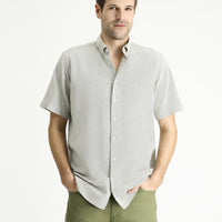 Açık Haki Kısa Kol Regular Fit Desenli Pamuk Düğmeli Yaka Gömlek