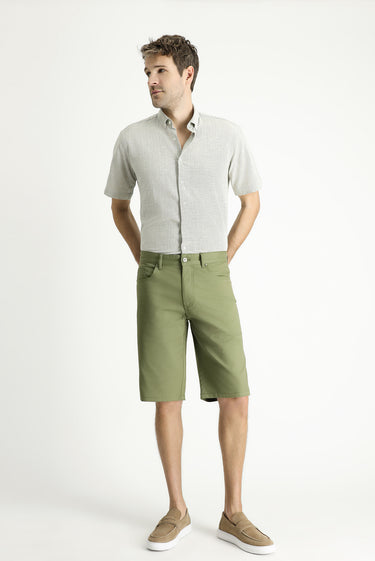 Açık Haki Kısa Kol Regular Fit Desenli Pamuk Düğmeli Yaka Gömlek