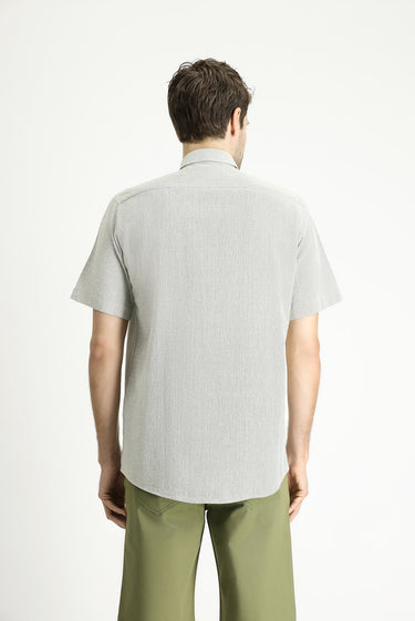 Açık Haki Kısa Kol Regular Fit Desenli Pamuk Düğmeli Yaka Gömlek