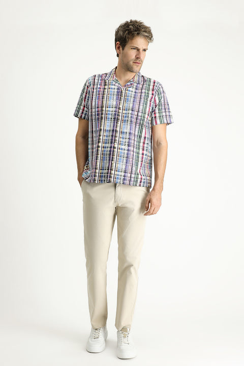 Koyu Yeşil Kısa Kol Regular Fıt Desenli Pamuk Gömlek