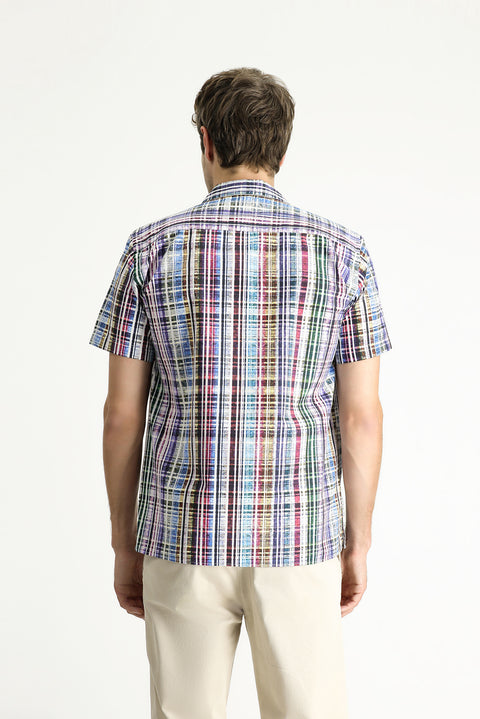 Koyu Yeşil Kısa Kol Regular Fıt Desenli Pamuk Gömlek