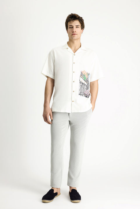 Beyaz Kısa Kol Oversize Baskılı Pamuk Gömlek