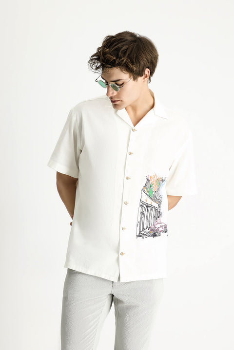 Beyaz Kısa Kol Oversize Baskılı Pamuk Gömlek