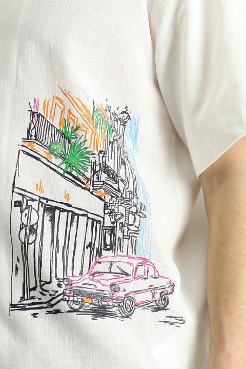 Beyaz Kısa Kol Oversize Baskılı Pamuk Gömlek