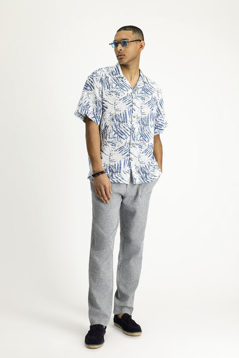 Orta Lacivert Kısa Kol Oversize Desenli Spor Pamuk Gömlek