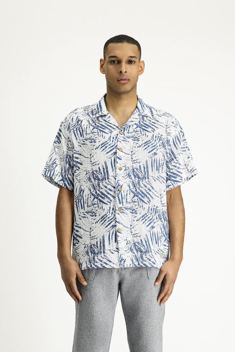 Orta Lacivert Kısa Kol Oversize Desenli Spor Pamuk Gömlek