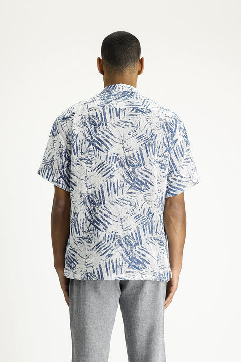 Orta Lacivert Kısa Kol Oversize Desenli Spor Pamuk Gömlek