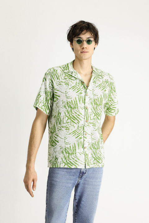 Çimen Yeşili Kısa Kol Oversize Desenli Spor Pamuk Gömlek