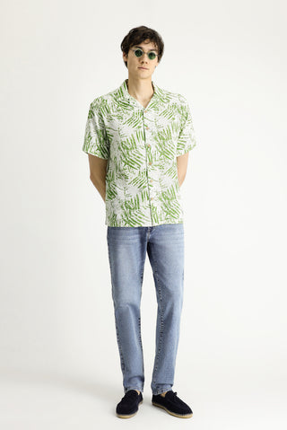  Çimen Yeşili Kısa Kol Oversize Desenli Spor Pamuk Gömlek