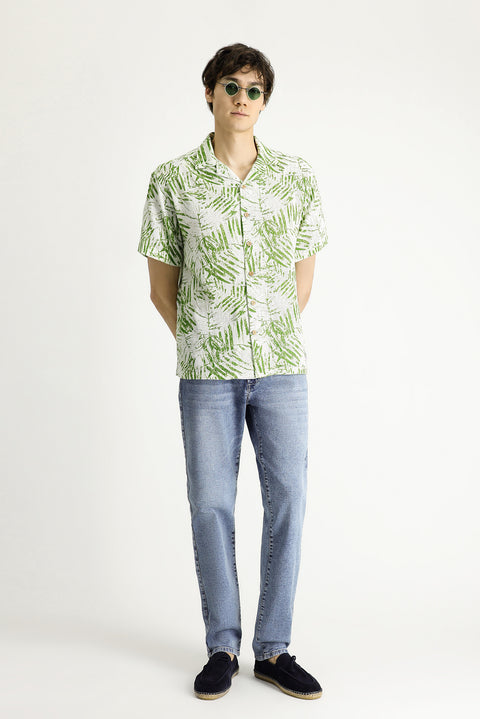 Çimen Yeşili Kısa Kol Oversize Desenli Spor Pamuk Gömlek