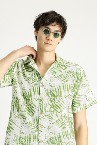  Çimen Yeşili Kısa Kol Oversize Desenli Spor Pamuk Gömlek