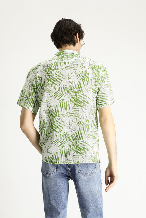 Çimen Yeşili Kısa Kol Oversize Desenli Spor Pamuk Gömlek