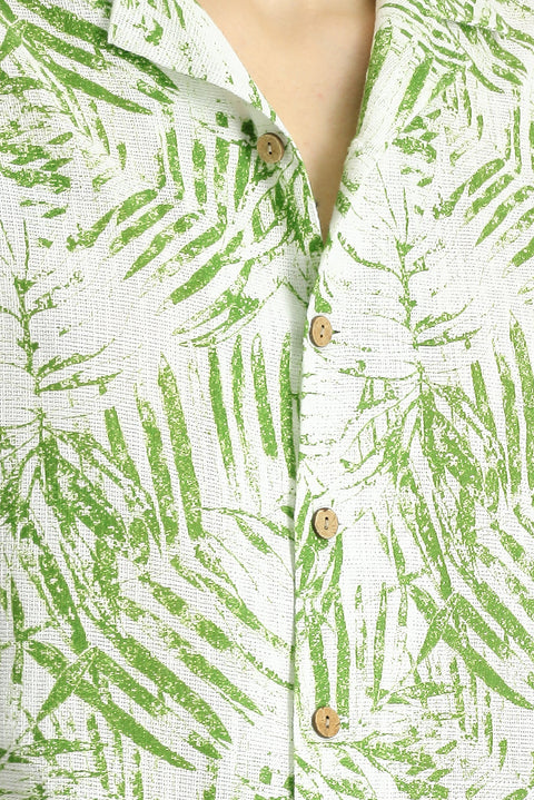 Çimen Yeşili Kısa Kol Oversize Desenli Spor Pamuk Gömlek