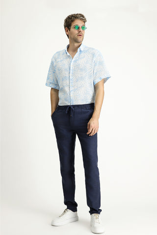  Gök Mavisi Kısa Kol Oversize Desenli Pamuk Gömlek