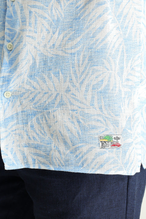 Gök Mavisi Kısa Kol Oversize Desenli Pamuk Gömlek