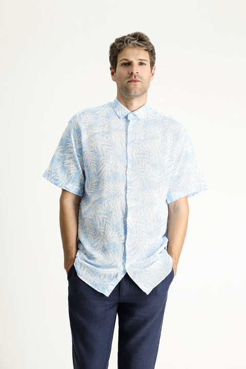 Gök Mavisi Kısa Kol Oversize Desenli Pamuk Gömlek