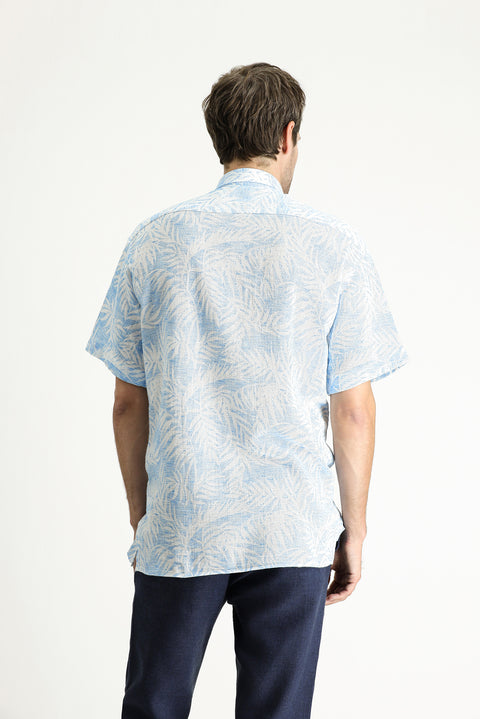 Gök Mavisi Kısa Kol Oversize Desenli Pamuk Gömlek